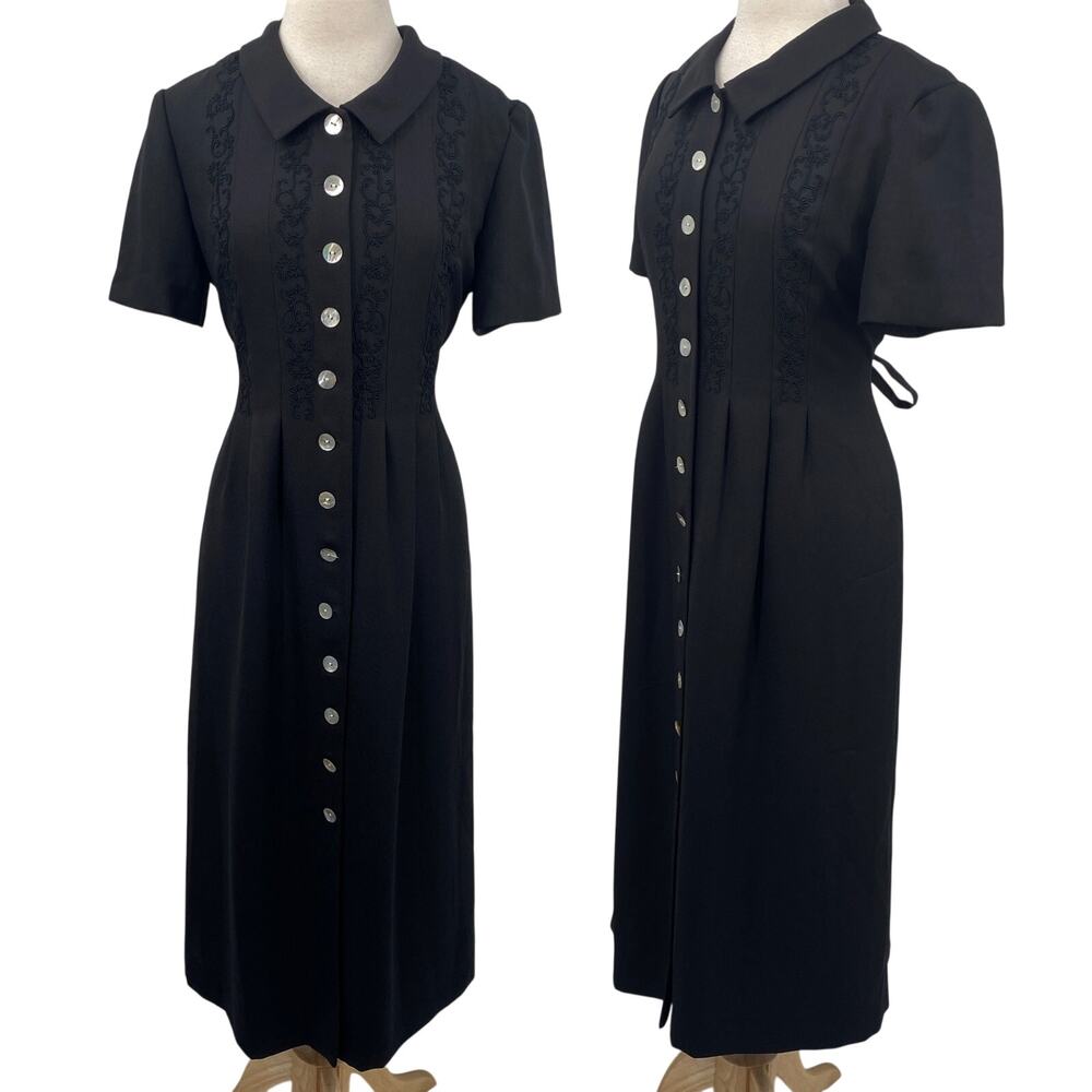 Vintage 80s 90s Maxi Shirt Dress Belted Button Front Embroidered Black Womens L